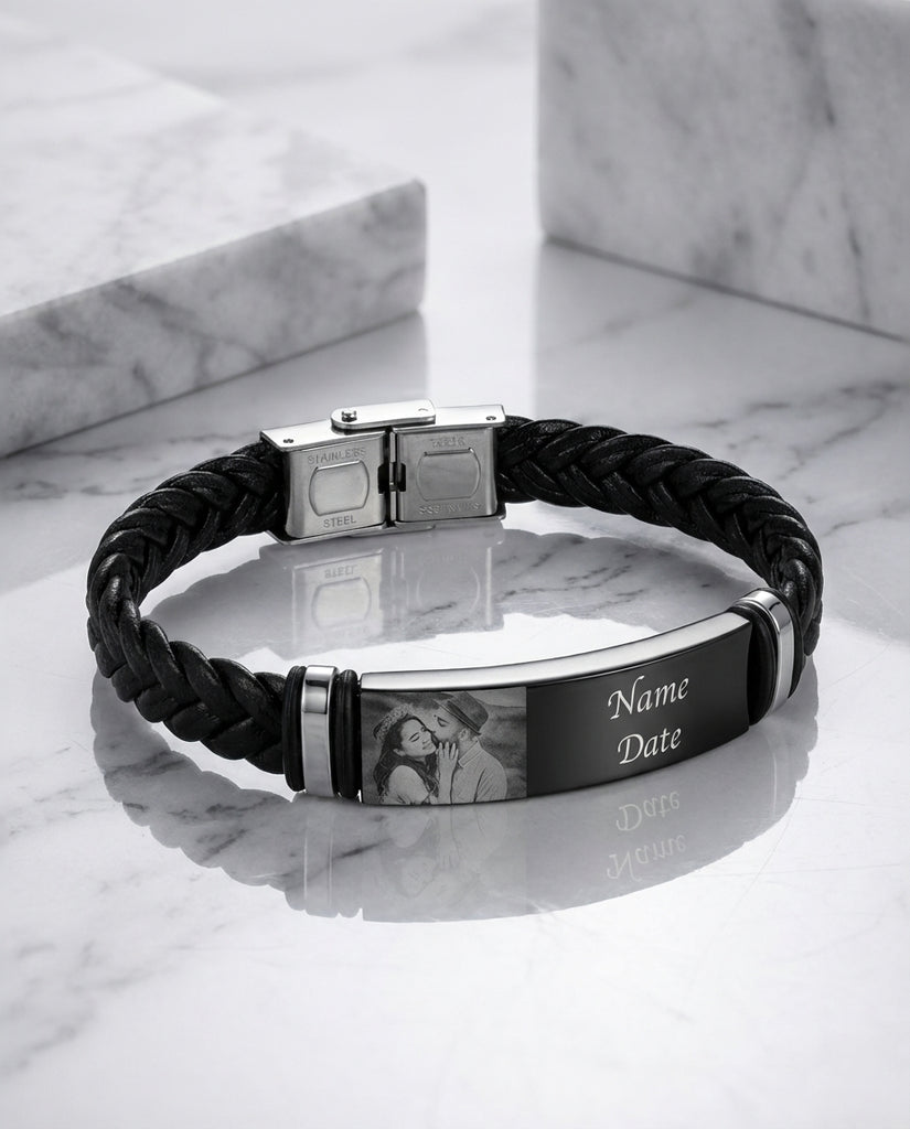 Custom Men's Photo Bracelet - Engraved Braided Leather ID Wristband IfShe Jewelry
