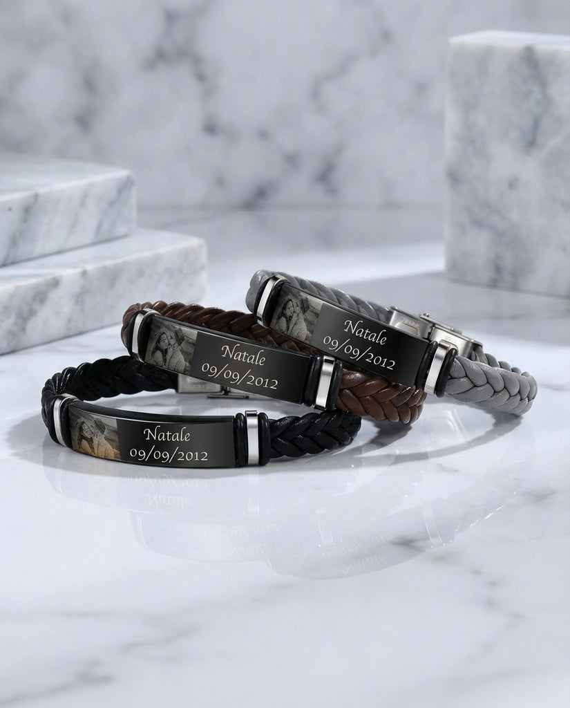 Custom Men's Photo Bracelet - Engraved Braided Leather ID Wristband IfShe Jewelry