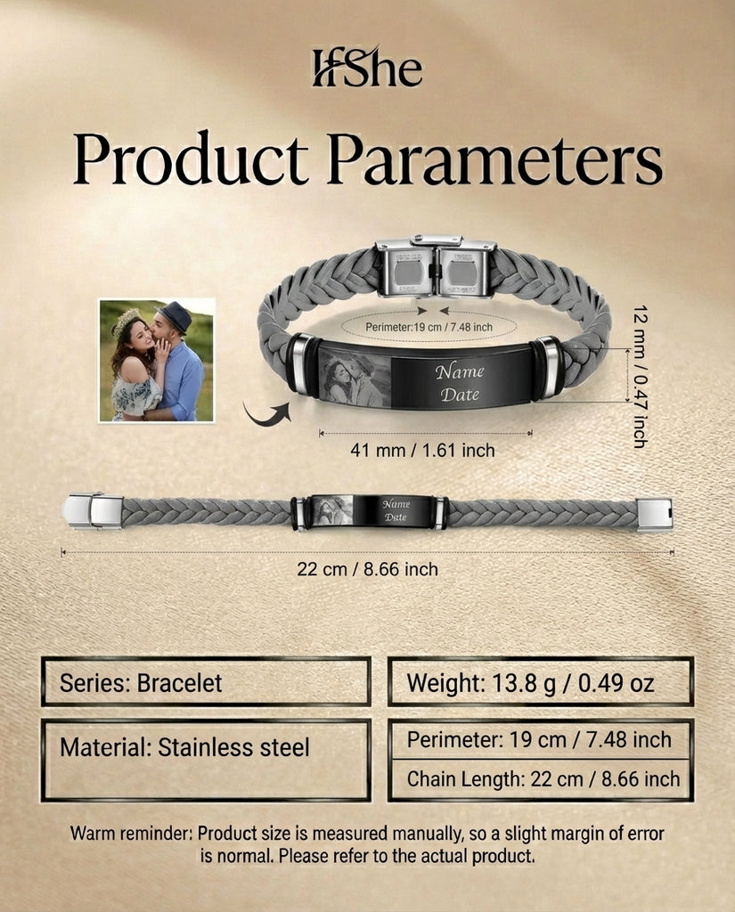 Custom Men's Photo Bracelet - Engraved Braided Leather ID Wristband IfShe Jewelry