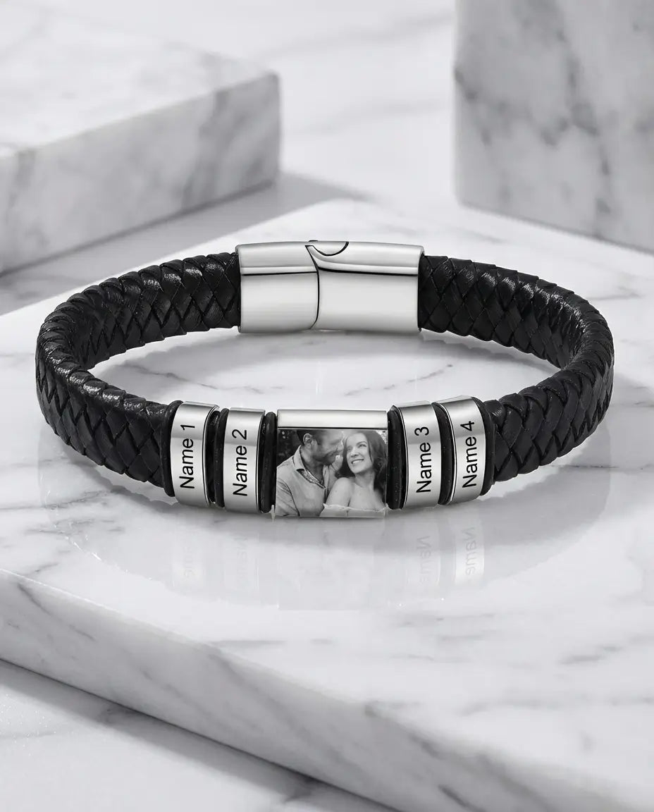 Custom Men's Photo Leather Bracelet with Engraved Family Beads IfShe Jewelry