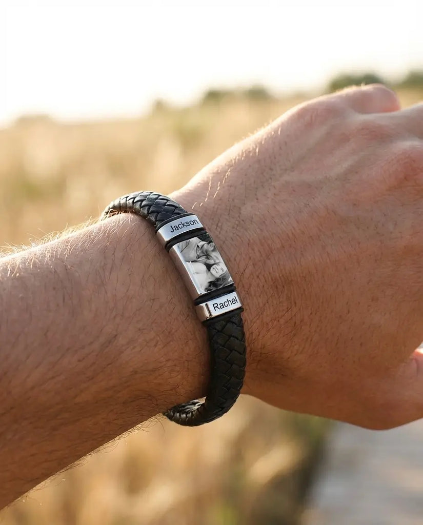 Custom Men's Photo Leather Bracelet with Engraved Family Beads IfShe Jewelry