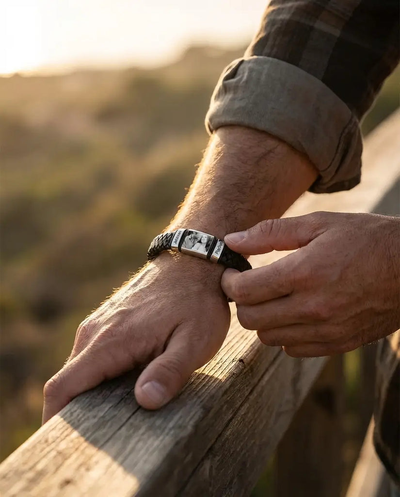 Custom Men's Photo Leather Bracelet with Engraved Family Beads IfShe Jewelry