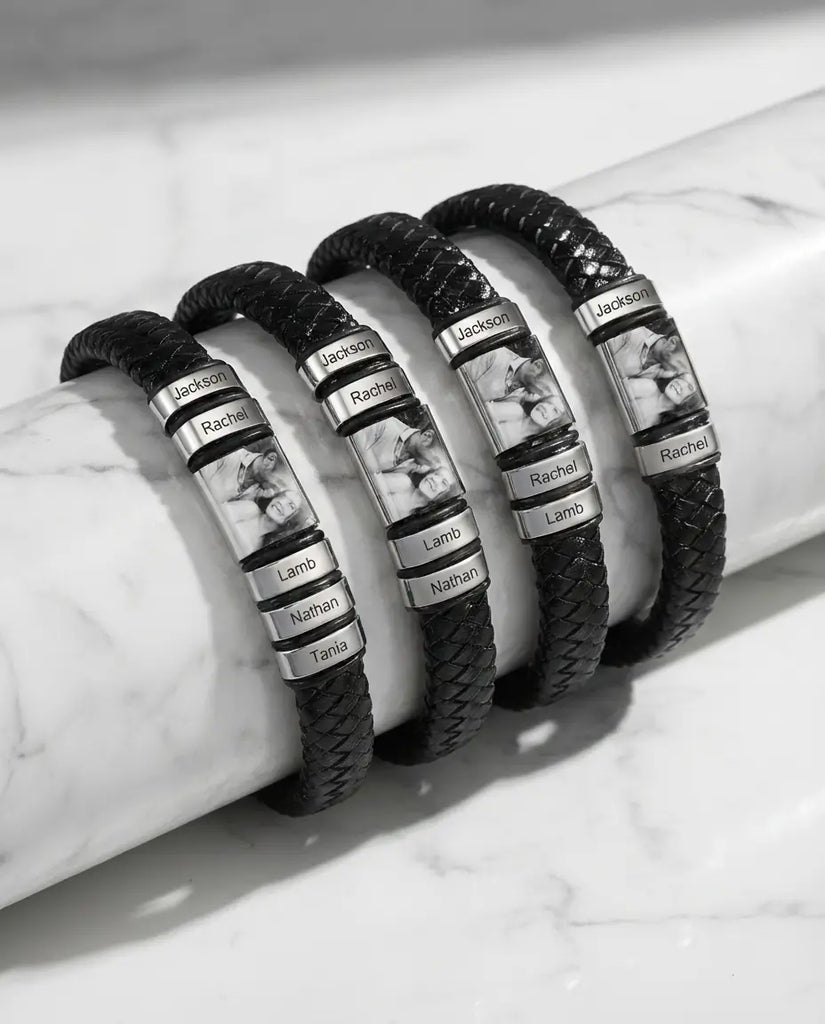 Custom Men's Photo Leather Bracelet with Engraved Family Beads IfShe Jewelry