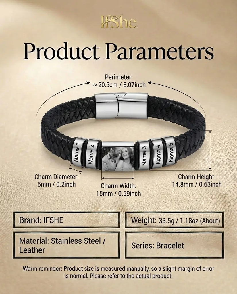 Custom Men's Photo Leather Bracelet with Engraved Family Beads IfShe Jewelry