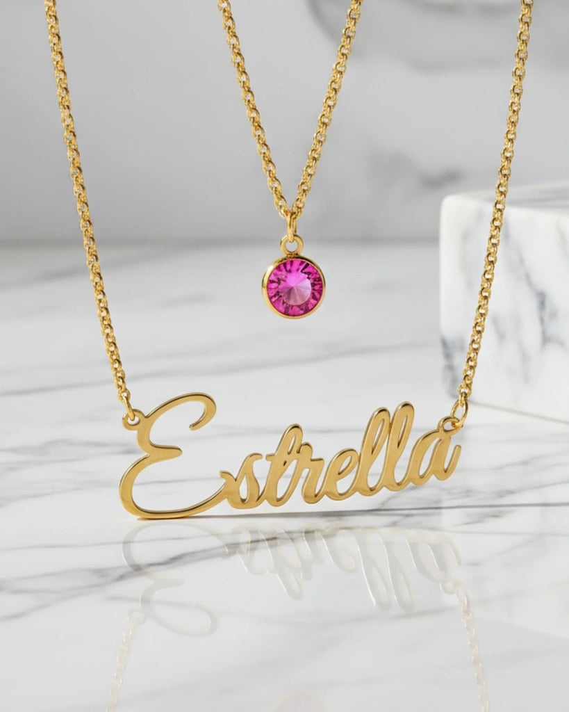 Custom Name Necklace with Birthstone Layered Set in Sterling Silver IfShe Jewelry