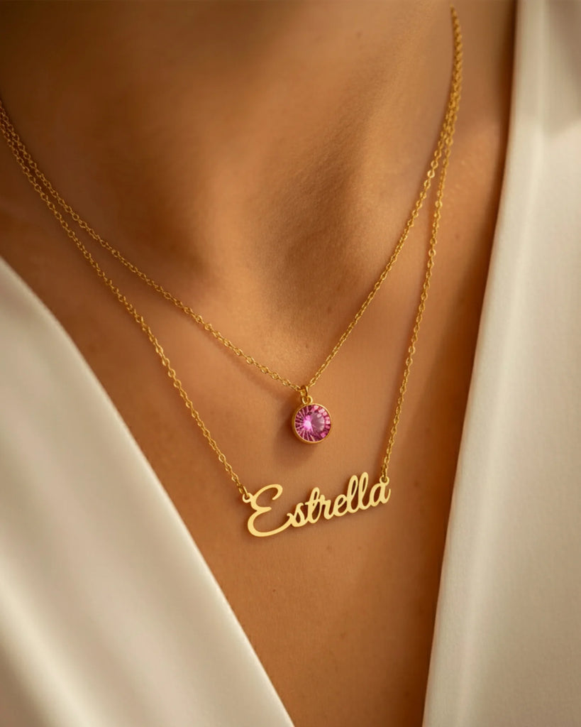 Custom Name Necklace with Birthstone Layered Set in Sterling Silver IfShe Jewelry