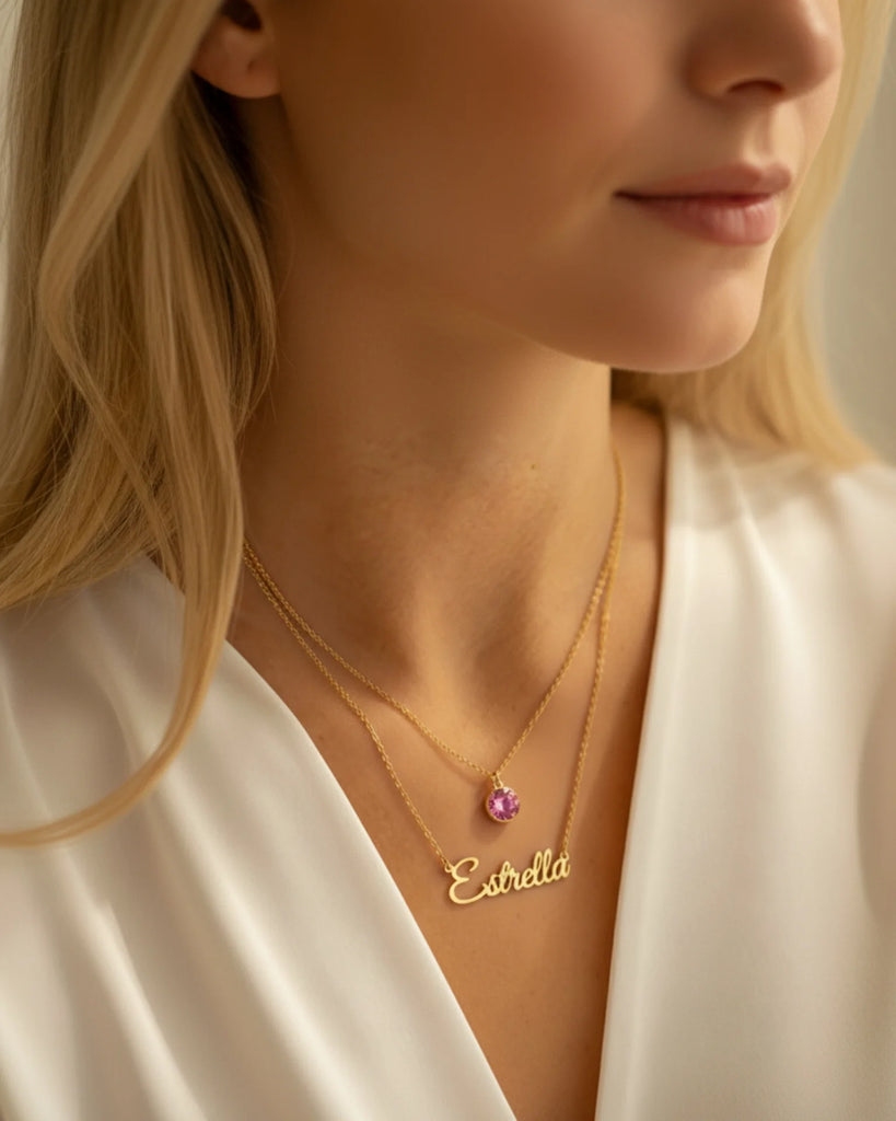 Custom Name Necklace with Birthstone Layered Set in Sterling Silver IfShe Jewelry