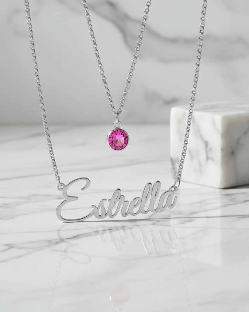 Custom Name Necklace with Birthstone Layered Set in Sterling Silver IfShe Jewelry