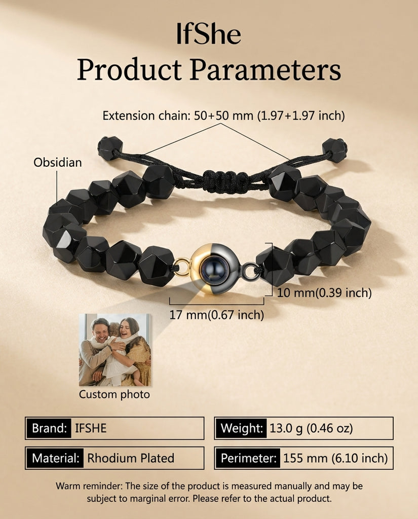 Custom Obsidian Photo Projection Bracelet - Picture Inside Bead IfShe Jewelry