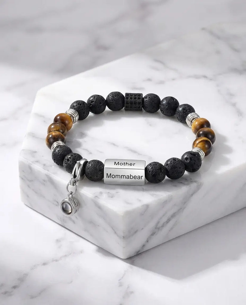 Custom Tiger's Eye & Lava Stone Photo Bracelet - Detachable Picture Charm IfShe Jewelry