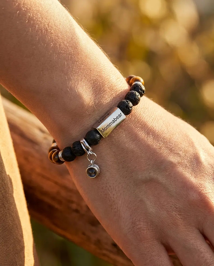 Custom Tiger's Eye & Lava Stone Photo Bracelet - Detachable Picture Charm IfShe Jewelry