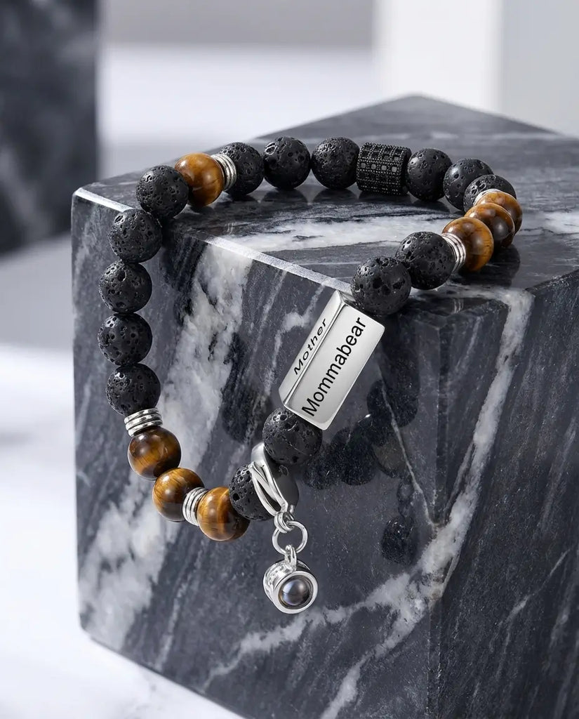 Custom Tiger's Eye & Lava Stone Photo Bracelet - Detachable Picture Charm IfShe Jewelry