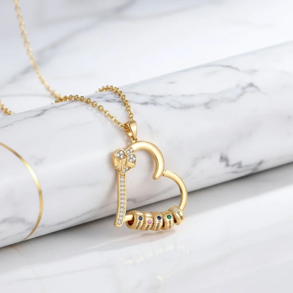 Customizable Family Birthstone Heart Pendant Necklace – Engravable Gift for Mom