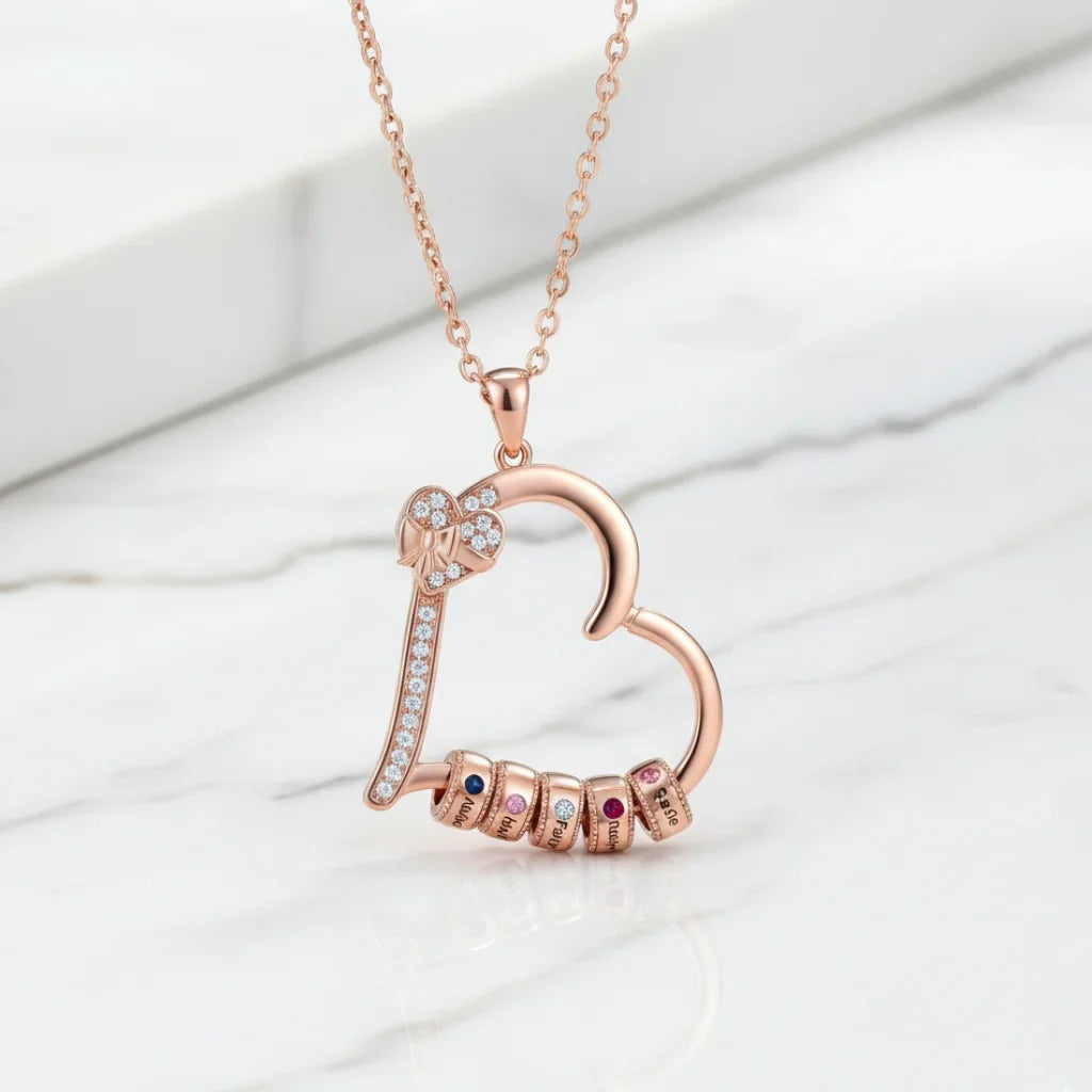 Customizable Family Birthstone Heart Pendant Necklace – Engravable Gift for Mom