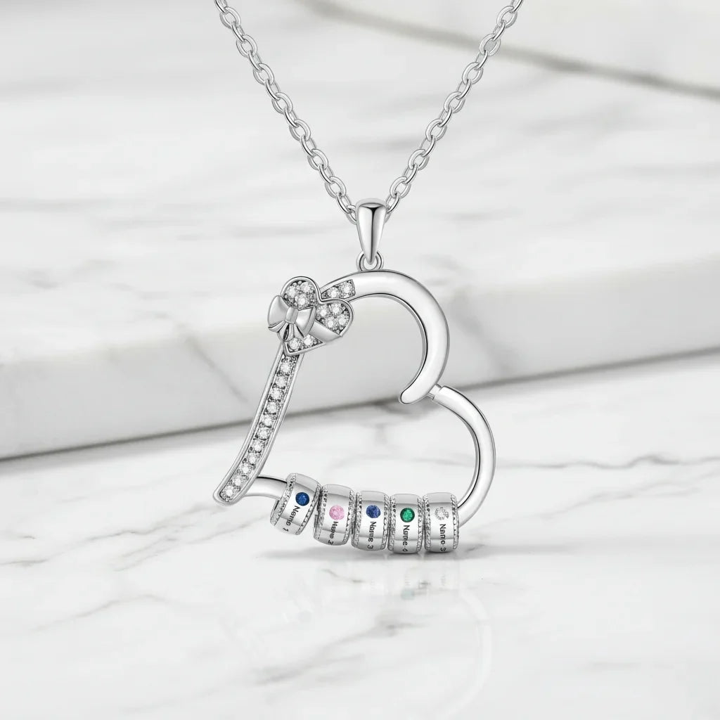 Customizable Family Birthstone Heart Pendant Necklace – Engravable Gift for Mom