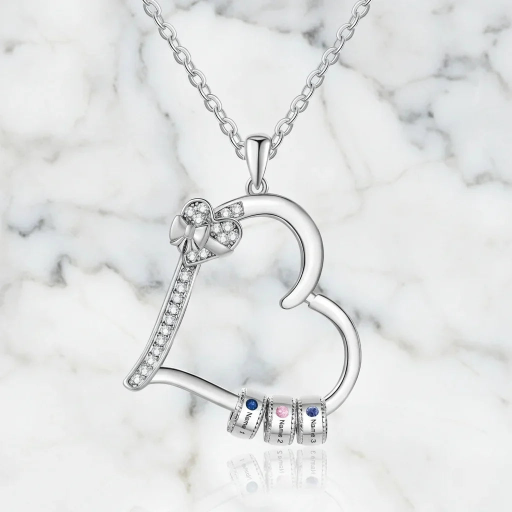 Customizable Family Birthstone Heart Pendant Necklace – Engravable Gift for Mom