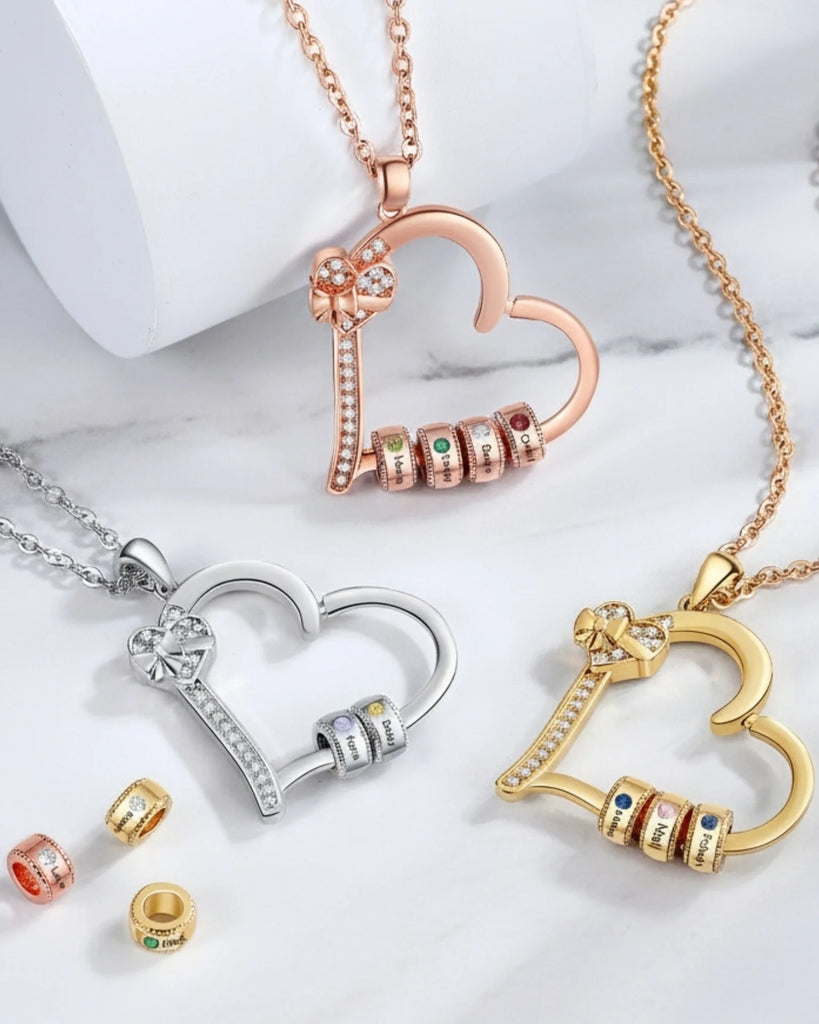 Customizable Family Birthstone Heart Pendant Necklace – Engravable Gift for Mom IfShe Jewelry