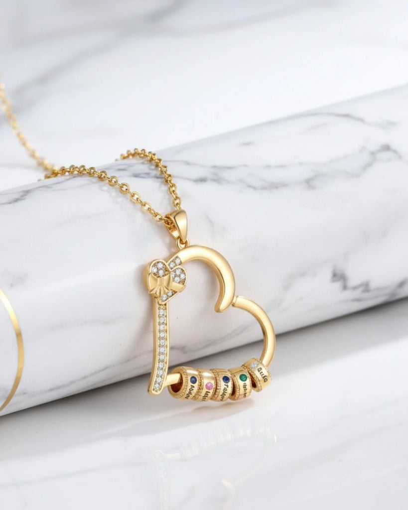 Customizable Family Birthstone Heart Pendant Necklace – Engravable Gift for Mom IfShe Jewelry