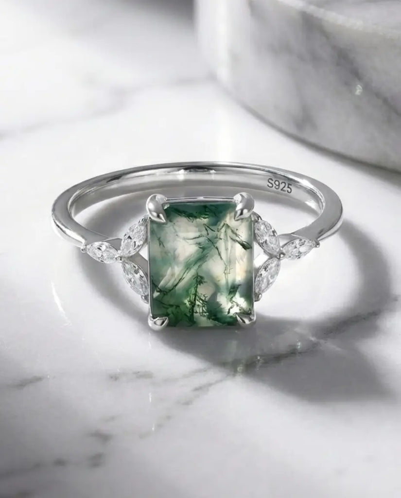 Emerald Cut Moss Agate Ring - Vintage Leaf Design in Sterling Silver IfShe Jewelry