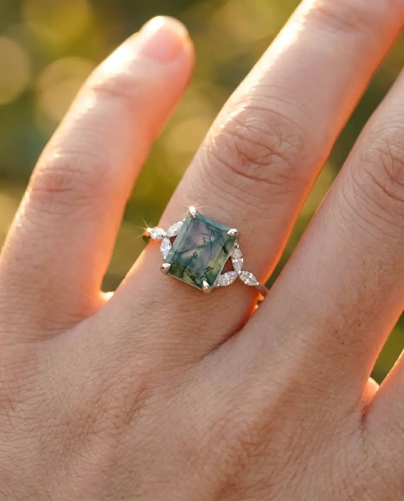 Emerald Cut Moss Agate Ring - Vintage Leaf Design in Sterling Silver IfShe Jewelry