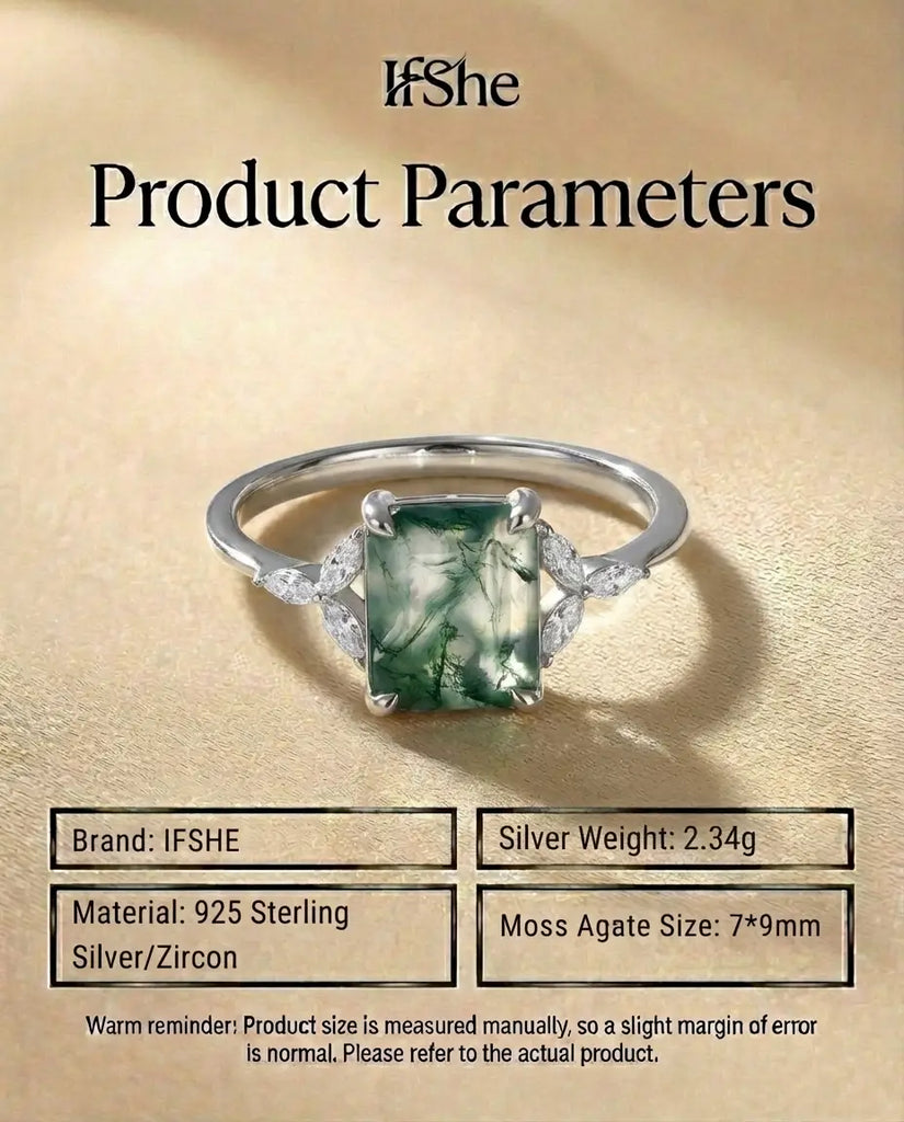 Emerald Cut Moss Agate Ring - Vintage Leaf Design in Sterling Silver IfShe Jewelry