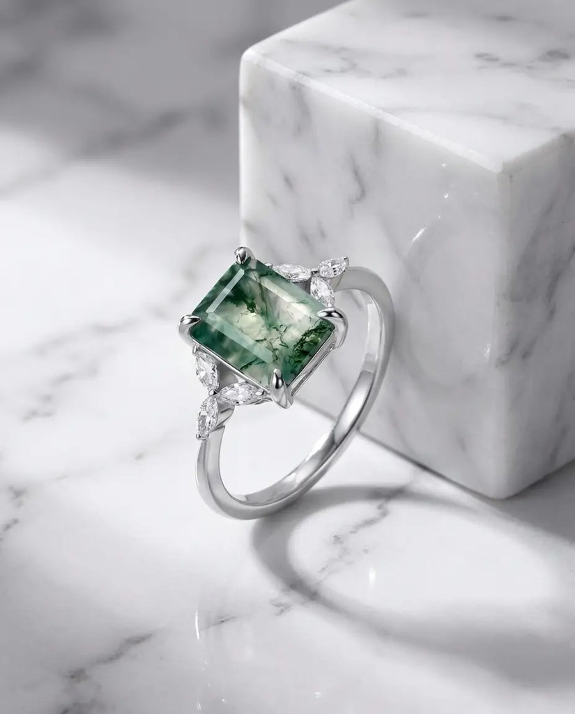 Emerald Cut Moss Agate Ring - Vintage Leaf Design in Sterling Silver IfShe Jewelry