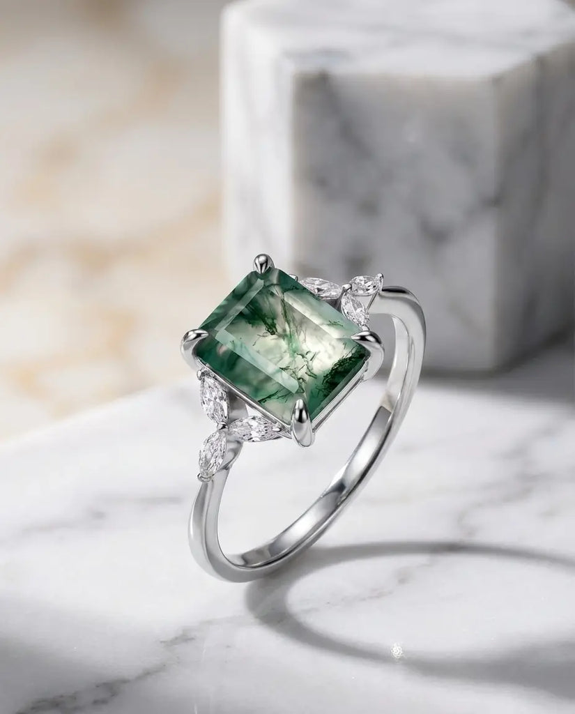 Emerald Cut Moss Agate Ring - Vintage Leaf Design in Sterling Silver IfShe Jewelry
