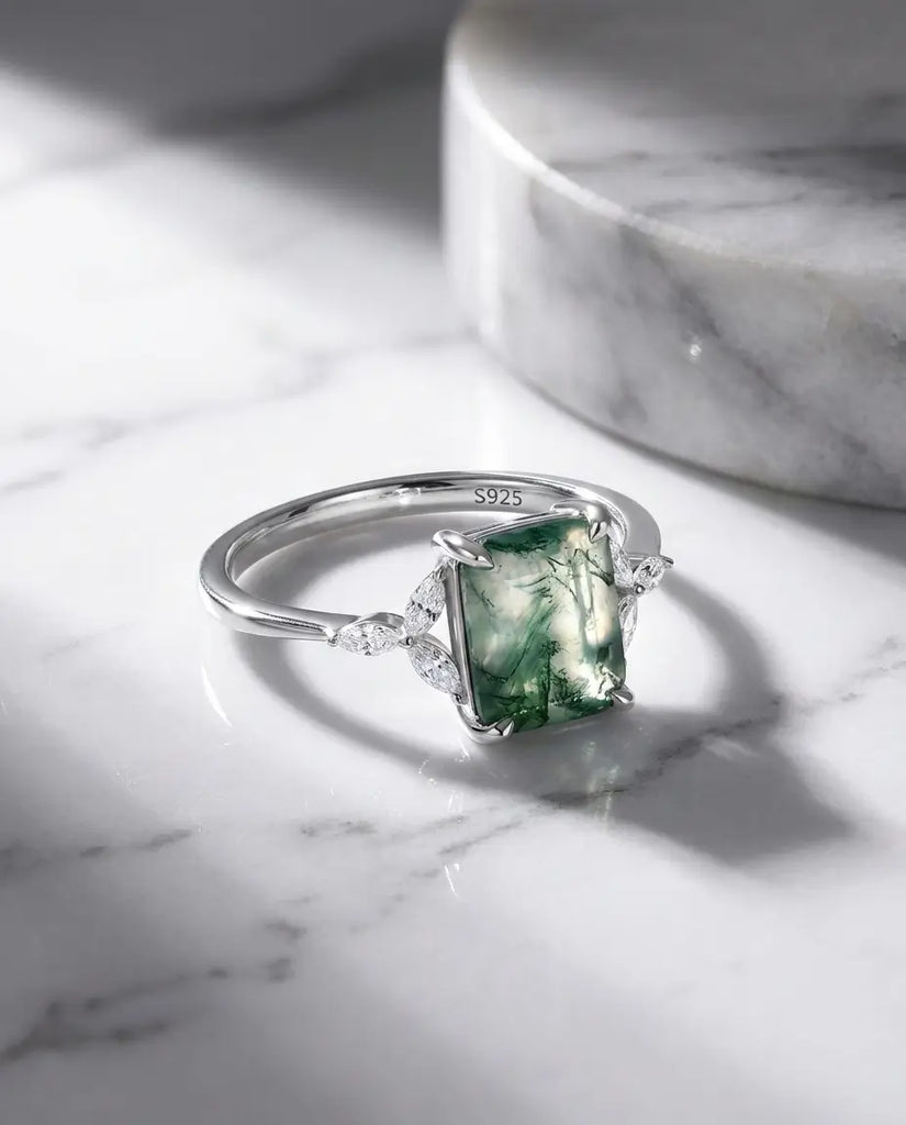 Emerald Cut Moss Agate Ring - Vintage Leaf Design in Sterling Silver IfShe Jewelry
