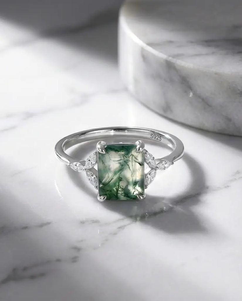 Emerald Cut Moss Agate Ring - Vintage Leaf Design in Sterling Silver IfShe Jewelry