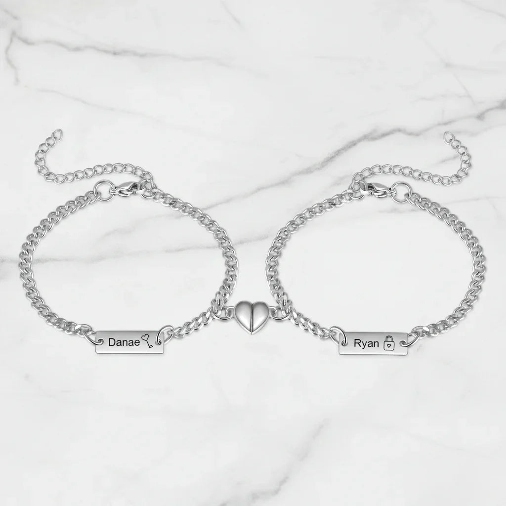 Engraved Bar Magnetic Couple Bracelets with Heart Charm