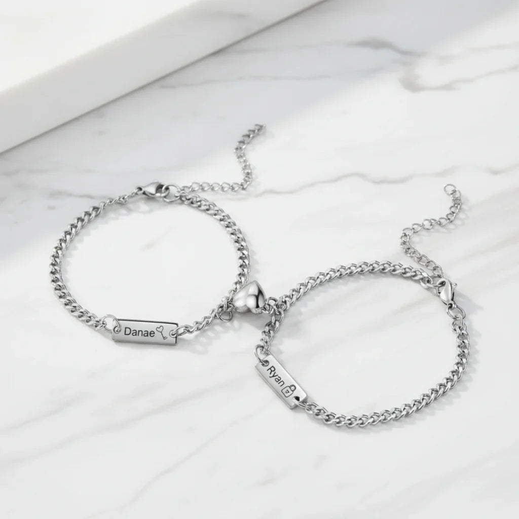 Engraved Bar Magnetic Couple Bracelets with Heart Charm