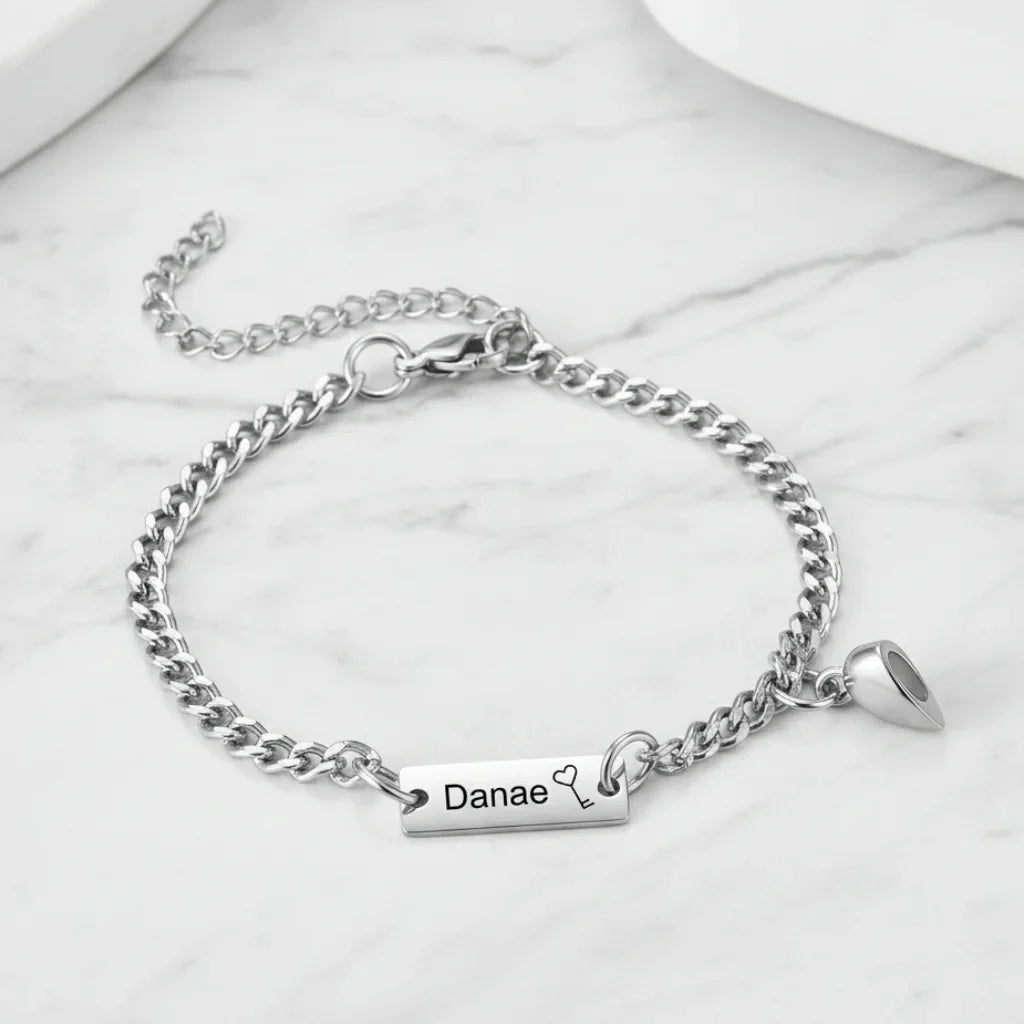 Engraved Bar Magnetic Couple Bracelets with Heart Charm
