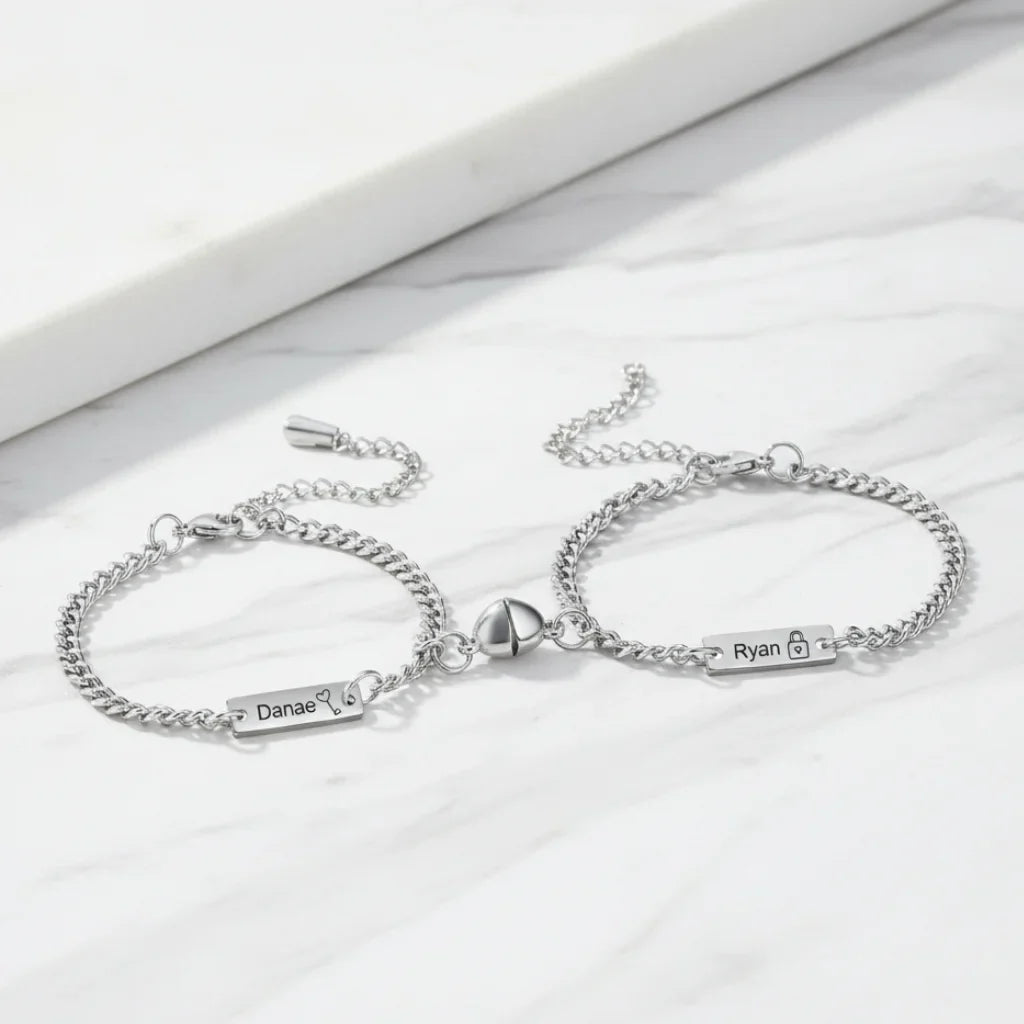 Engraved Bar Magnetic Couple Bracelets with Heart Charm