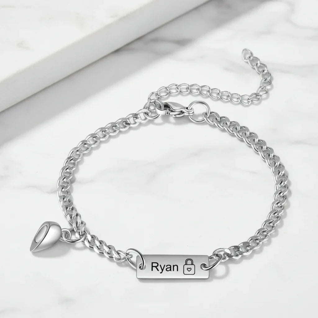 Engraved Bar Magnetic Couple Bracelets with Heart Charm