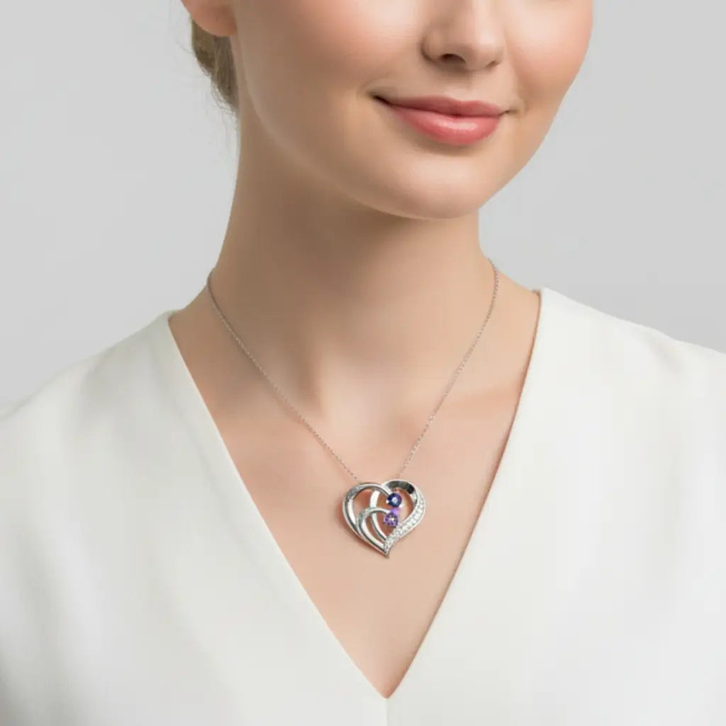Engraved Sterling Silver Heart Personalized Necklace with Birthstones