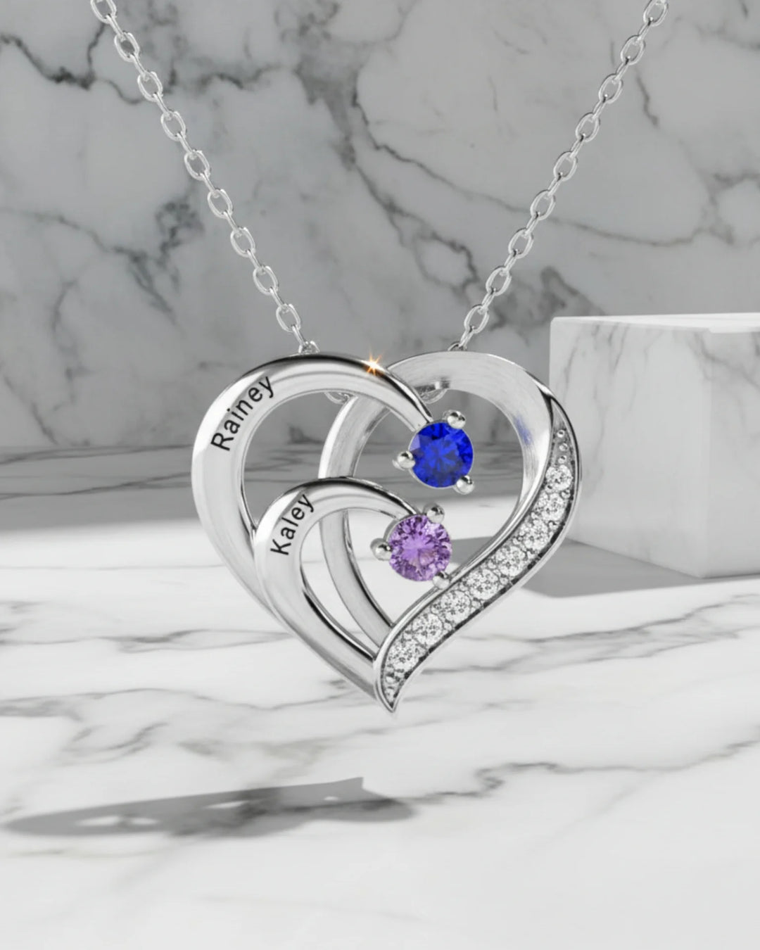Engraved Sterling Silver Heart Personalized Necklace with Birthstones IfShe