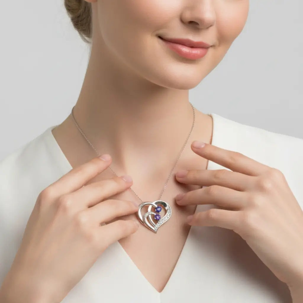 Engraved Sterling Silver Heart Personalized Necklace with Birthstones