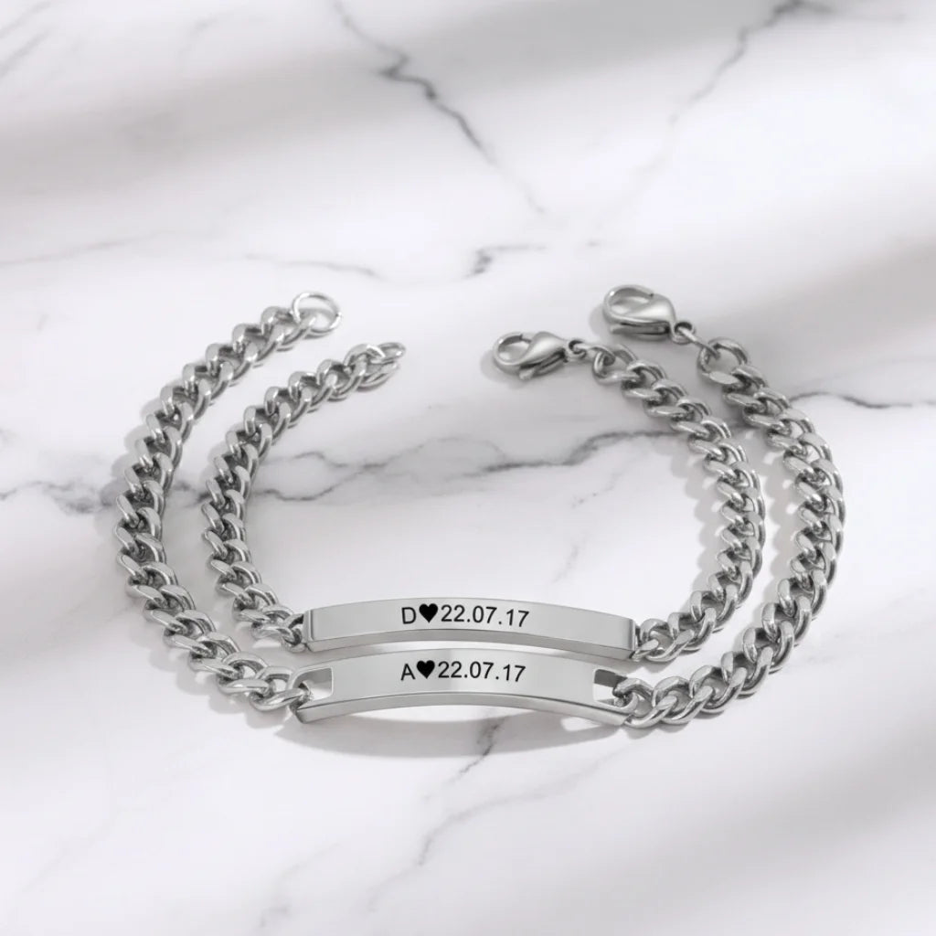 Eternal Love Engraved Initial and Date Bracelets for Couples - His and Hers Bar Style