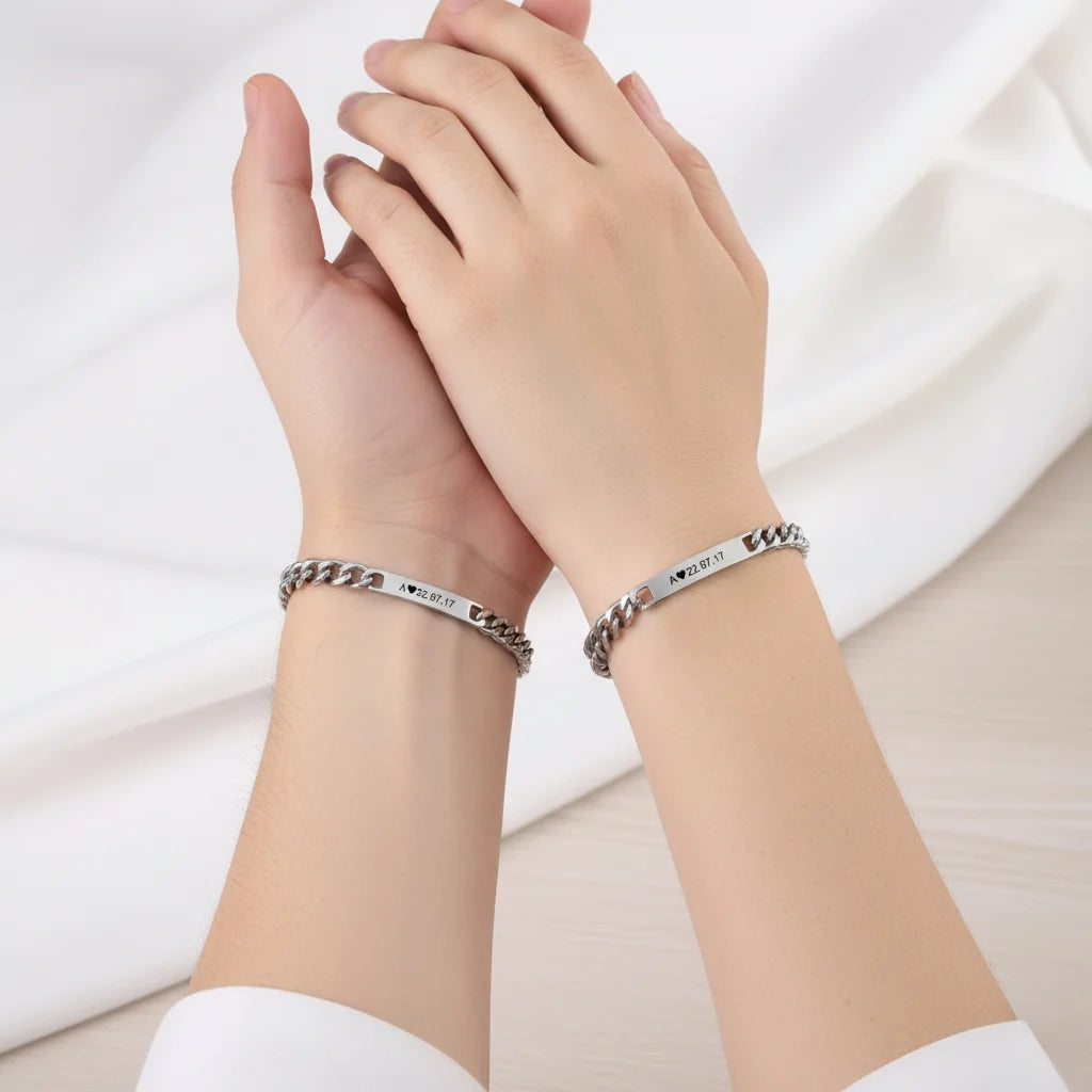Eternal Love Engraved Initial and Date Bracelets for Couples - His and Hers Bar Style