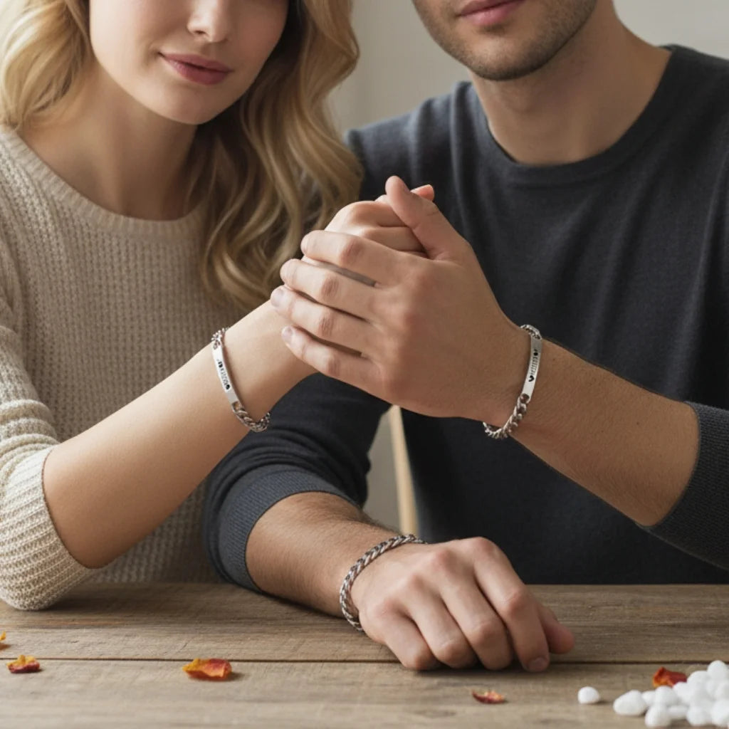 Eternal Love Engraved Initial and Date Bracelets for Couples - His and Hers Bar Style