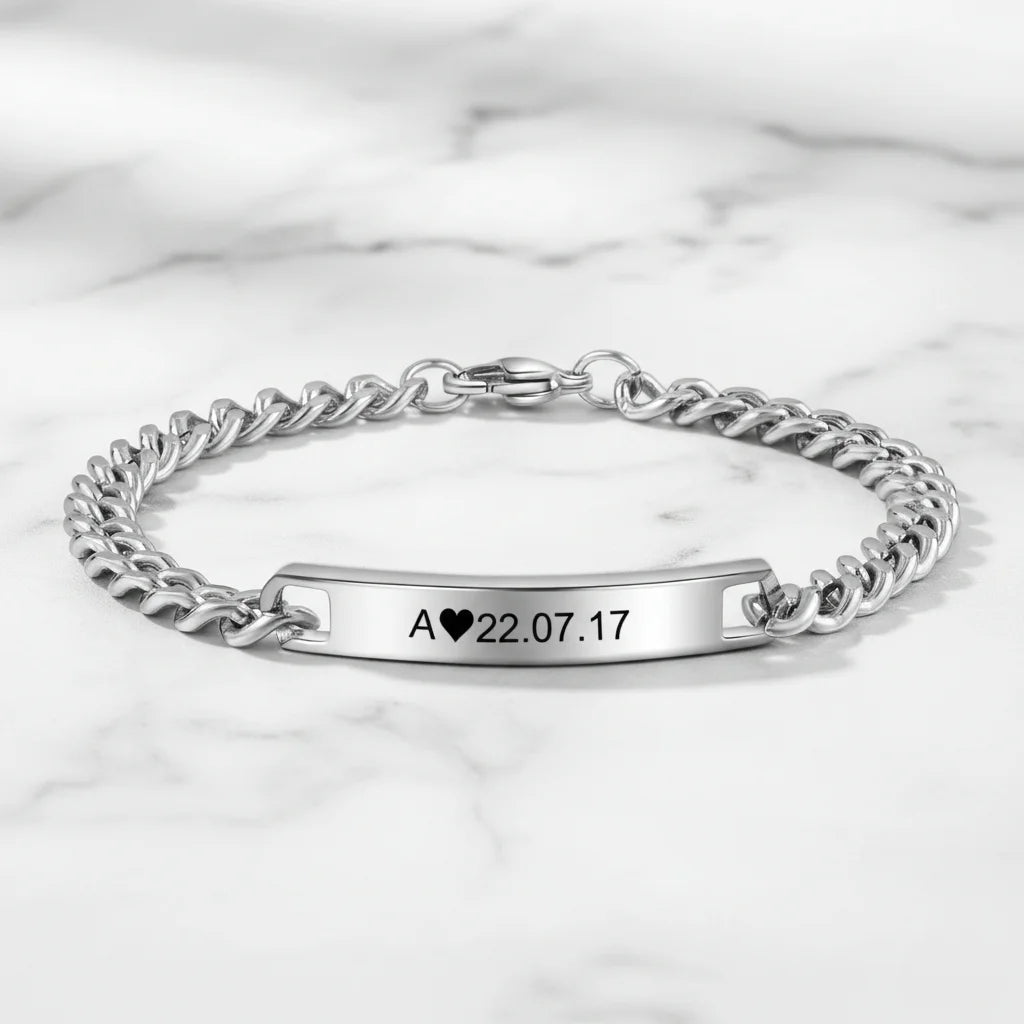 Eternal Love Engraved Initial and Date Bracelets for Couples - His and Hers Bar Style