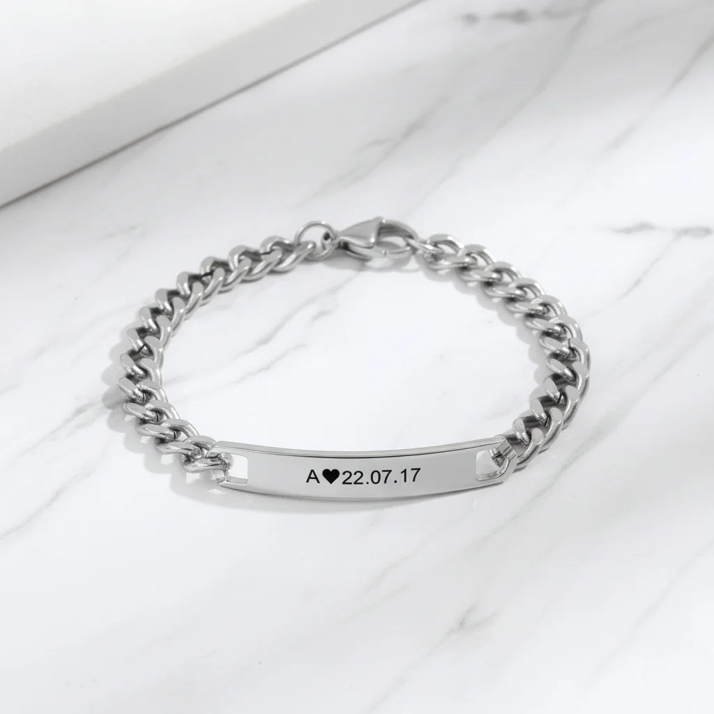 Eternal Love Engraved Initial and Date Bracelets for Couples - His and Hers Bar Style