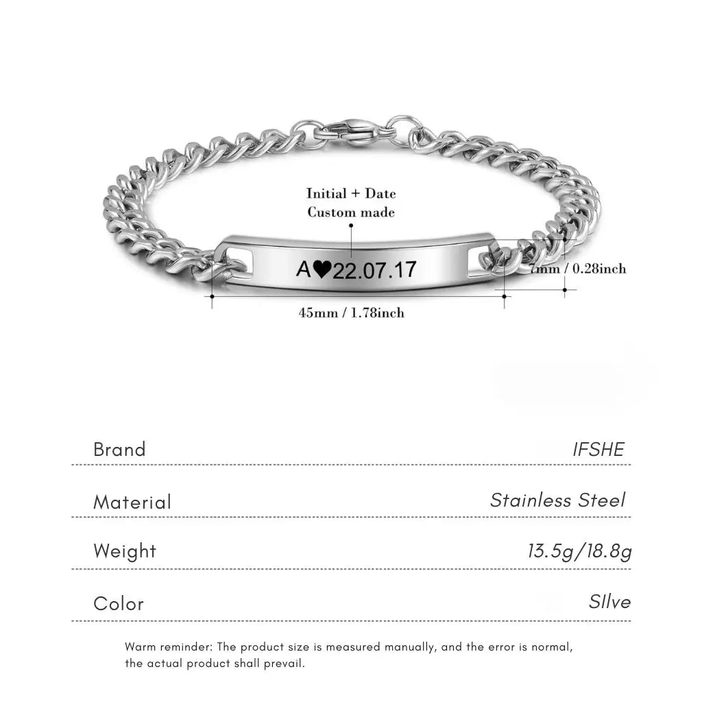 Eternal Love Engraved Initial and Date Bracelets for Couples - His and Hers Bar Style