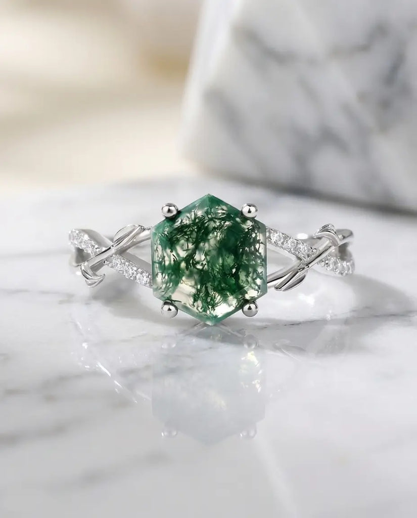 Hexagon Moss Agate Engagement Ring - Vintage Style Vine Band IfShe Jewelry