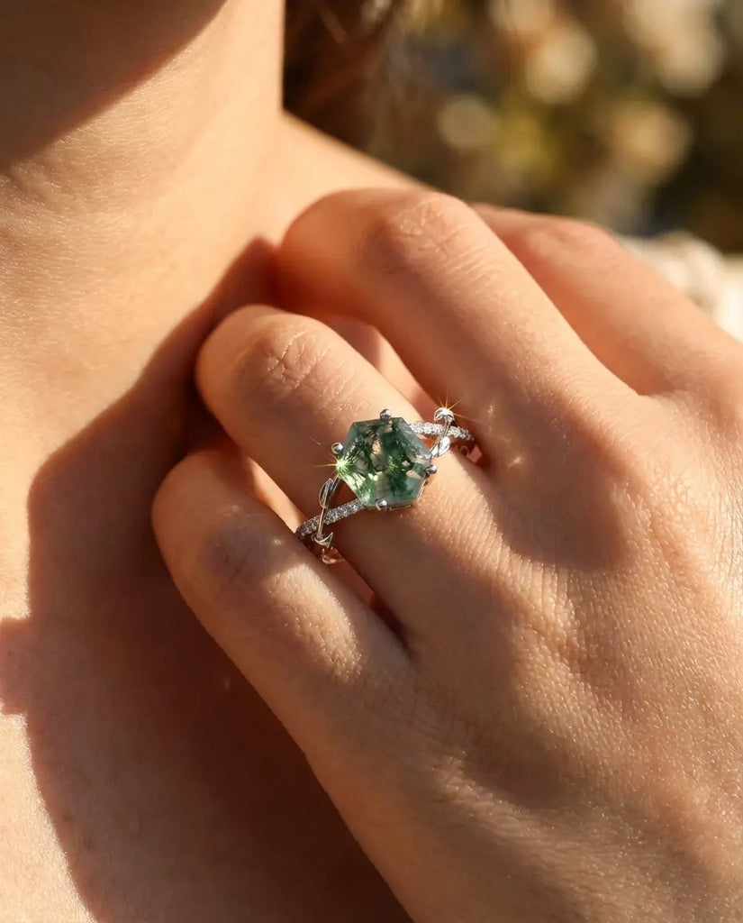 Hexagon Moss Agate Engagement Ring - Vintage Style Vine Band IfShe Jewelry