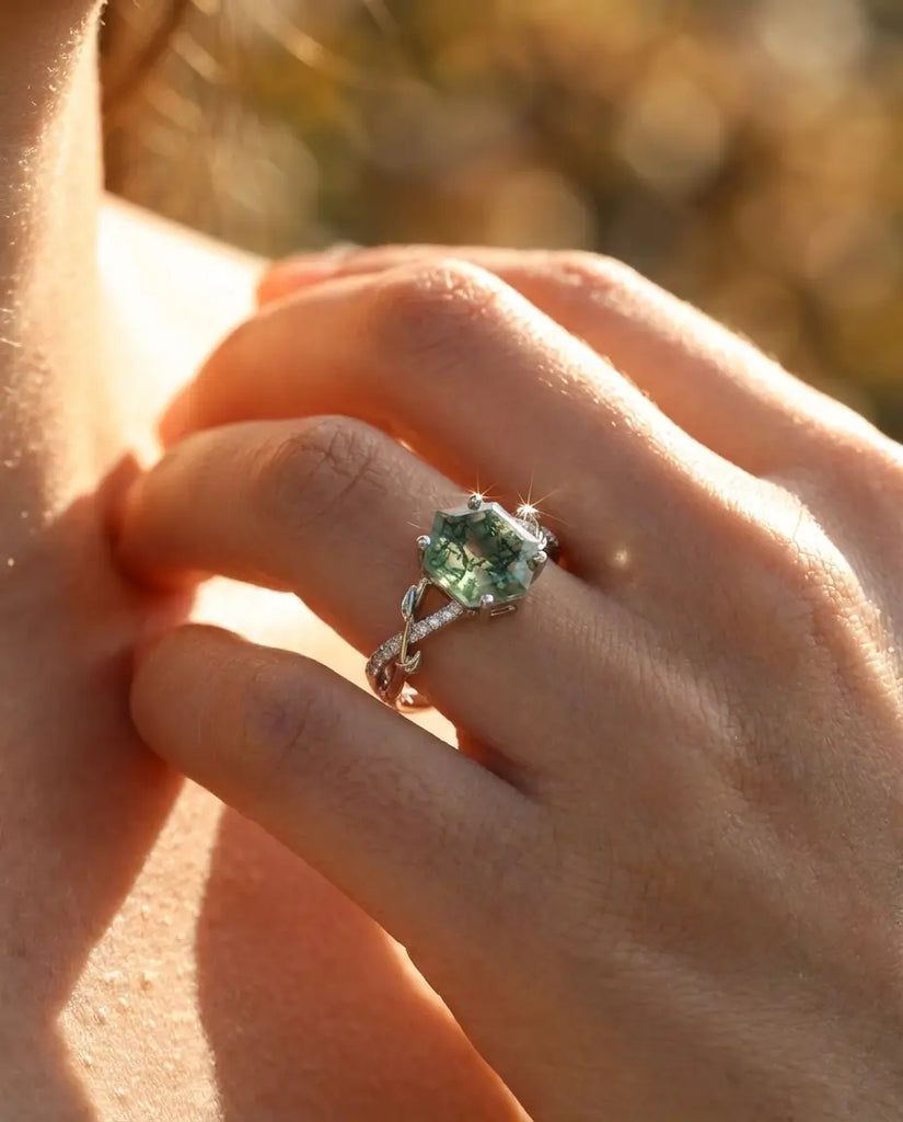 Hexagon Moss Agate Engagement Ring - Vintage Style Vine Band IfShe Jewelry