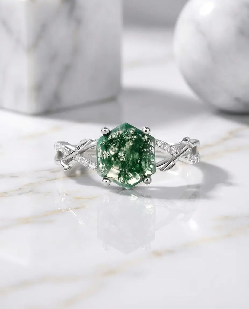 Hexagon Moss Agate Engagement Ring - Vintage Style Vine Band IfShe Jewelry