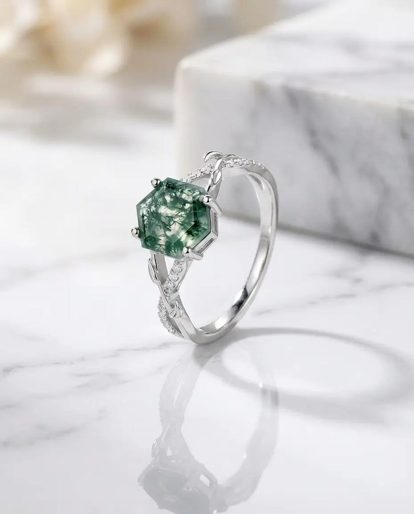 Hexagon Moss Agate Engagement Ring - Vintage Style Vine Band IfShe Jewelry