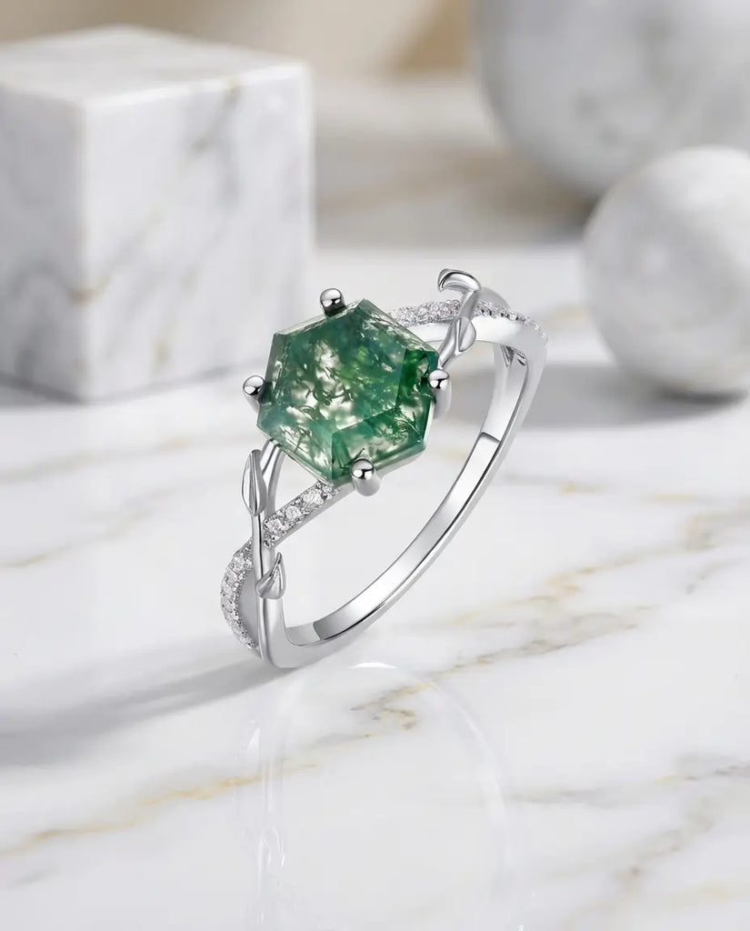 Hexagon Moss Agate Engagement Ring - Vintage Style Vine Band IfShe Jewelry