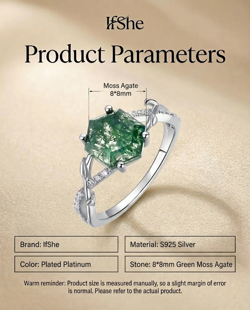 Hexagon Moss Agate Engagement Ring - Vintage Style Vine Band IfShe Jewelry